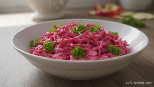 Ensalada de remolacha y manzana rallada con mayonesa en bol blanco