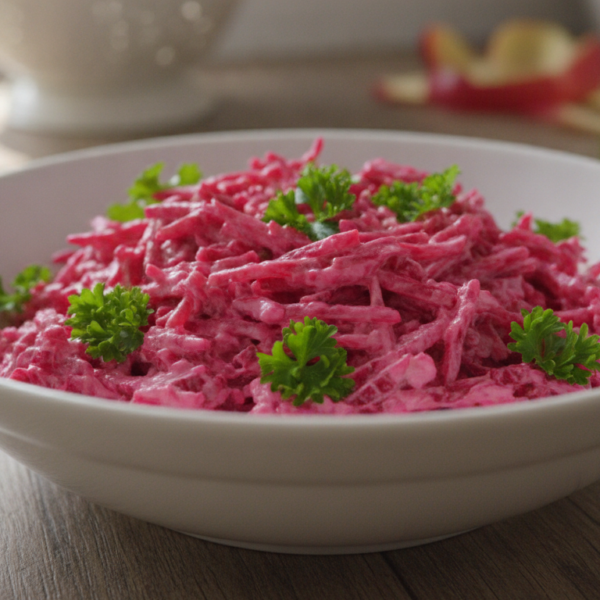 Ensalada de remolacha y manzana rallada con mayonesa en bol blanco