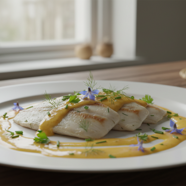 Filetes de gallo con crema de nísperos y azafrán dorada