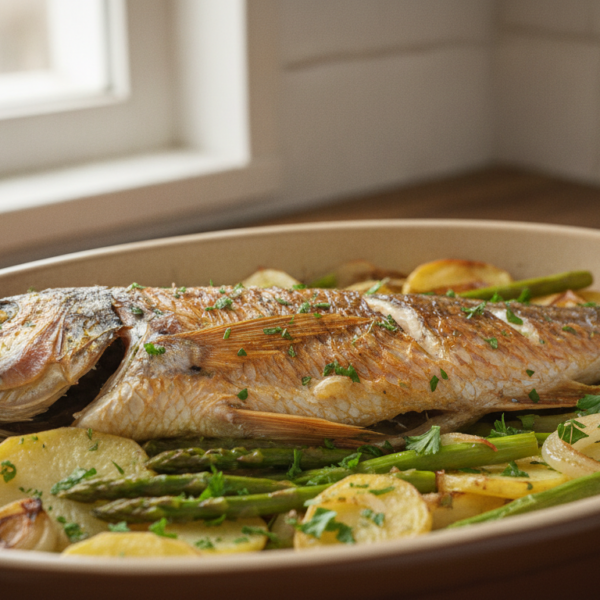 Salmonetes al horno sobre cama de patatas, espárragos y pimiento verde
