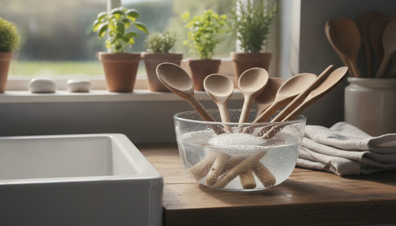 Cómo limpiar y mantener utensilios de cocina de madera 1 Cucharas de madera en remojo con solución de agua oxigenada para blanquearlas