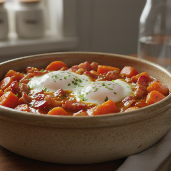 Zanahorias con panceta y huevos escalfados en cazuela de barro