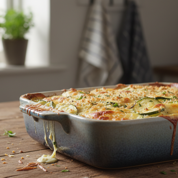 Calabacines gratinados con queso y pan rallado en fuente de cerámica