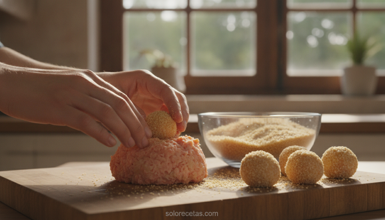 Bolas de salmón fritas con puré de patata: paso a paso 1 Formando las bolas de salmón y rebozándolas en pan rallado