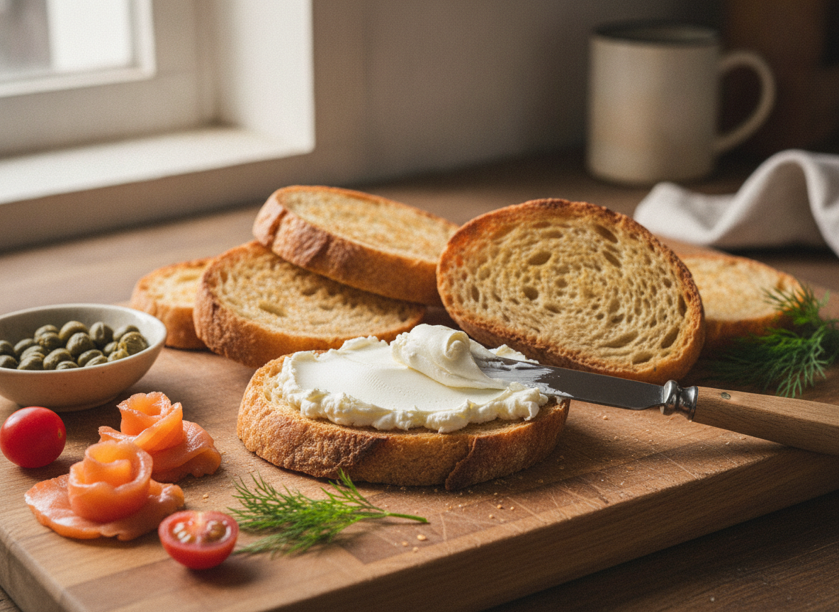 Rebanadas de pan tostado untándose con queso Philadelphia para los canapés