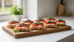 Canapés de queso philadelphia, tomate y anchoas sobre pan tostado