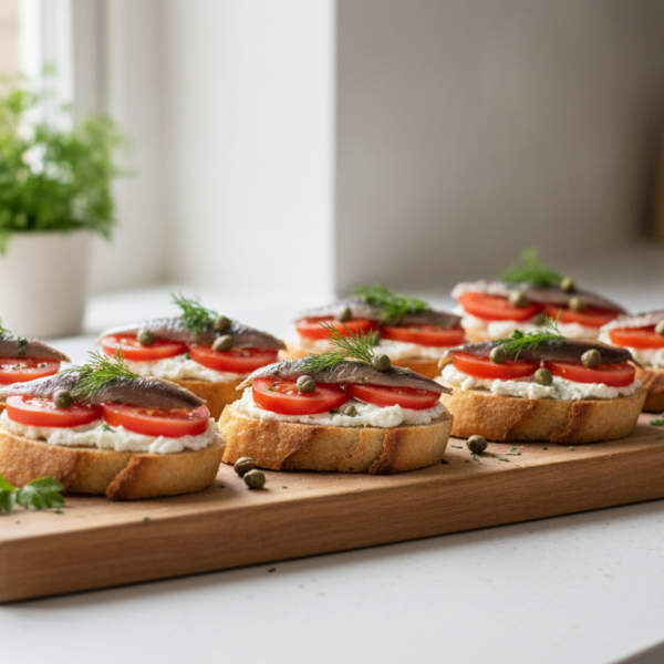 Canapés de queso philadelphia, tomate y anchoas sobre pan tostado