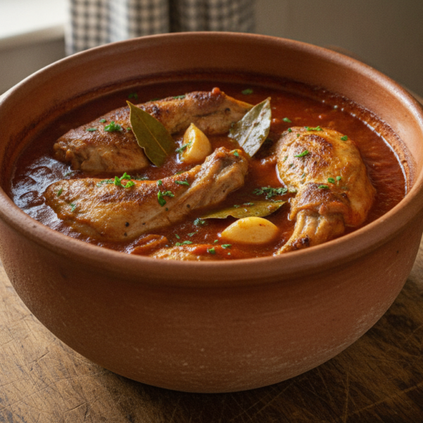 Conejo con tomate en cazuela, guiso casero tradicional