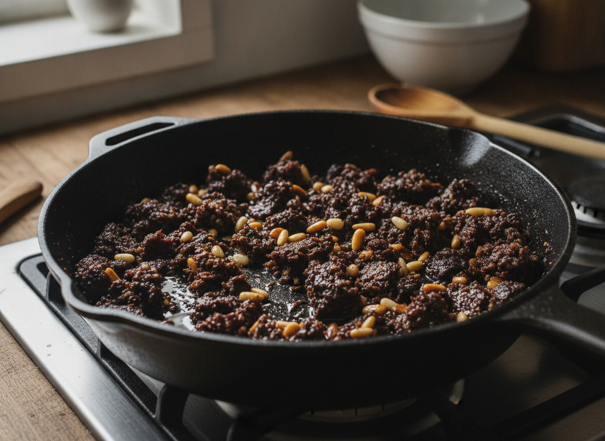 Morcilla desmenuzada con piñones tostados en la sartén, relleno de la lasaña