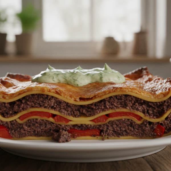 Lasaña de morcilla con pimientos del piquillo gratinada