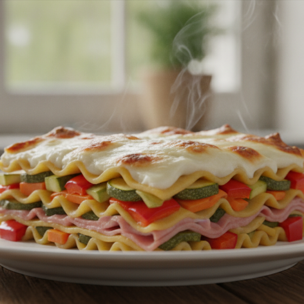 Lasaña de verduras y jamón york gratinada en fuente