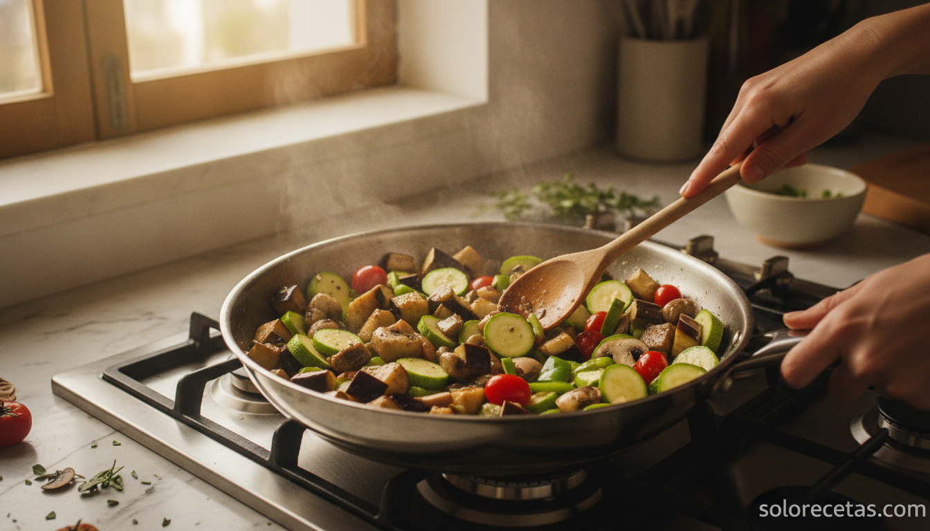 Lasaña de verduras y jamón york gratinada al horno 1 Sofrito de verduras rehogadas en cazuela