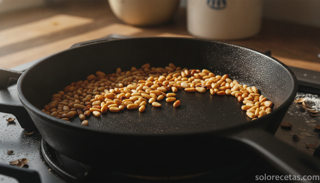 Lombarda con jamón y piñones: la receta de toda la vida 1 Piñones tostándose en sartén sin aceite