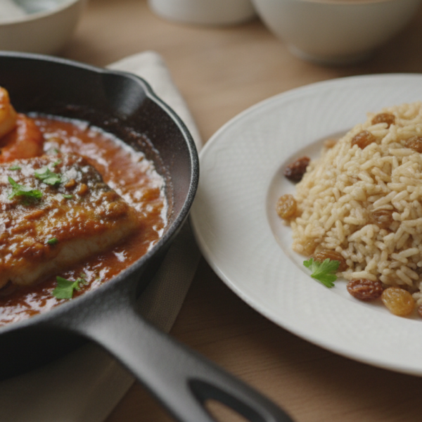 Merluza al cremat con gambas y arroz integral al curry