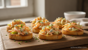 Tapa de zanahoria y manzana con queso azul sobre tostadas
