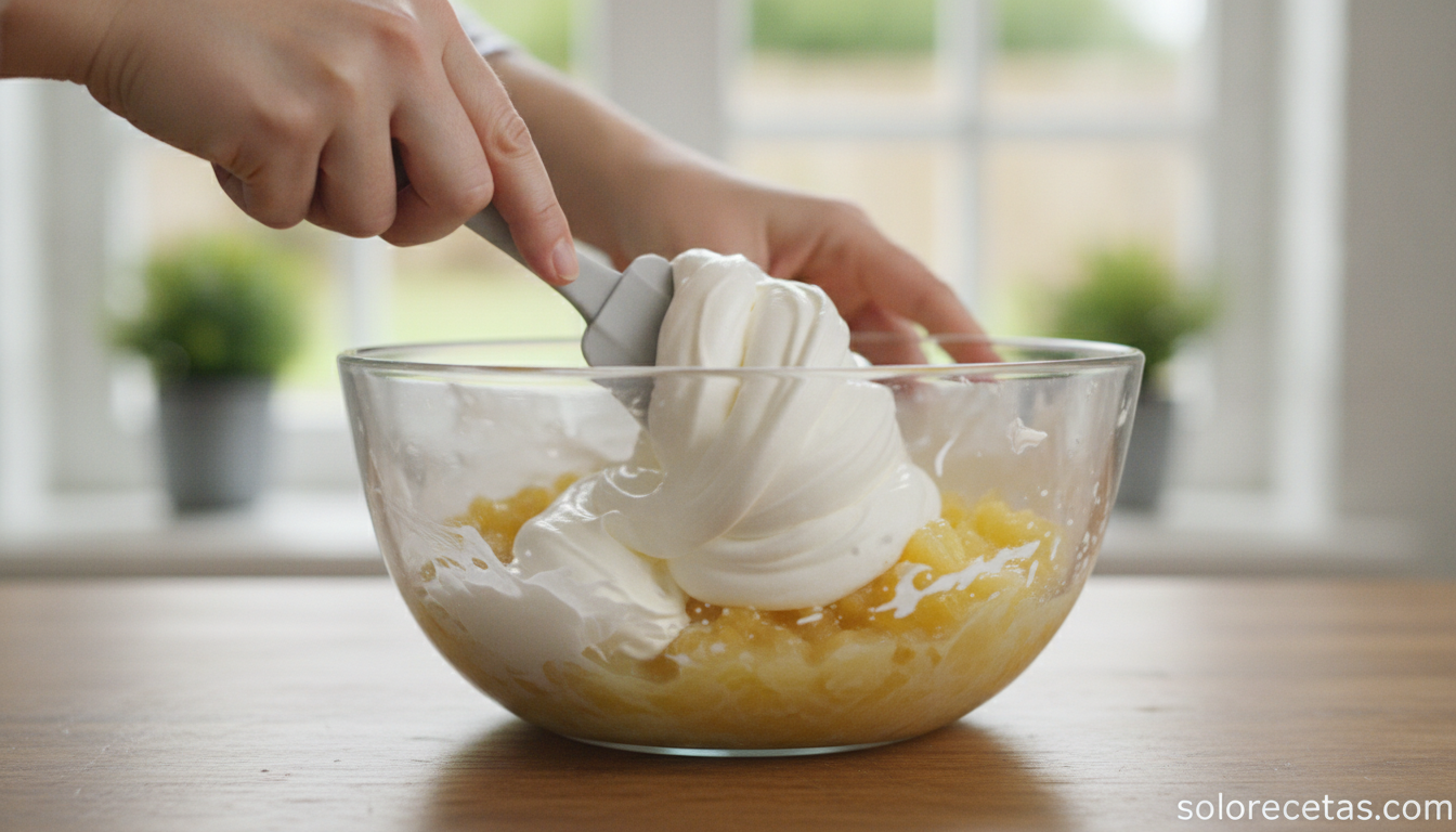 Tarta helada de piña: postre sin horno en 15 minutos 1 Mezcla de nata y piña para la tarta en un bol de cristal