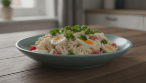 Salpicón de arroz con pollo terminado y decorado con perejil