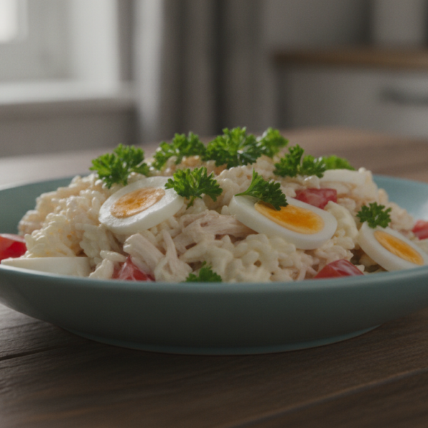 Salpicón de arroz con pollo terminado y decorado con perejil