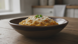 Risotto de calabaza y parmesano recien hecho en un cuenco rustico