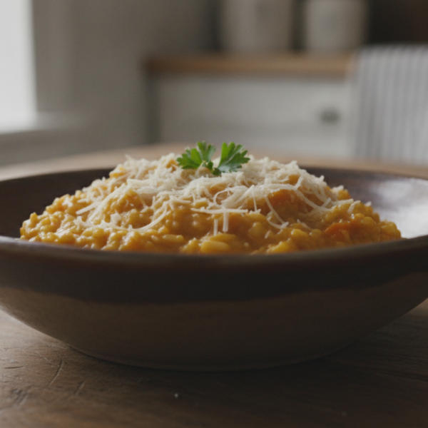 Risotto de calabaza y parmesano recien hecho en un cuenco rustico