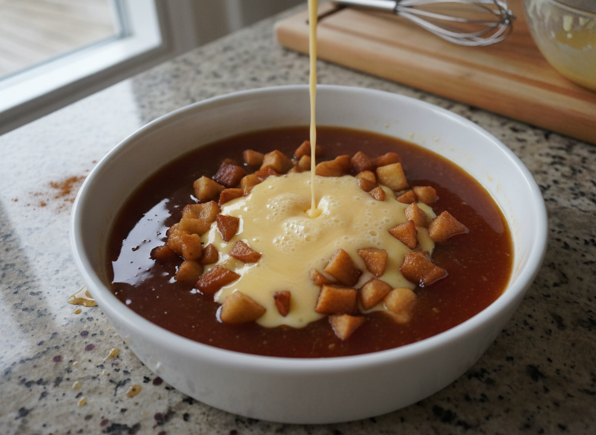 Flan de manzana casero: receta cremosa con caramelo 2 Molde de flan con caramelo, manzana y mezcla de huevo antes de hornear