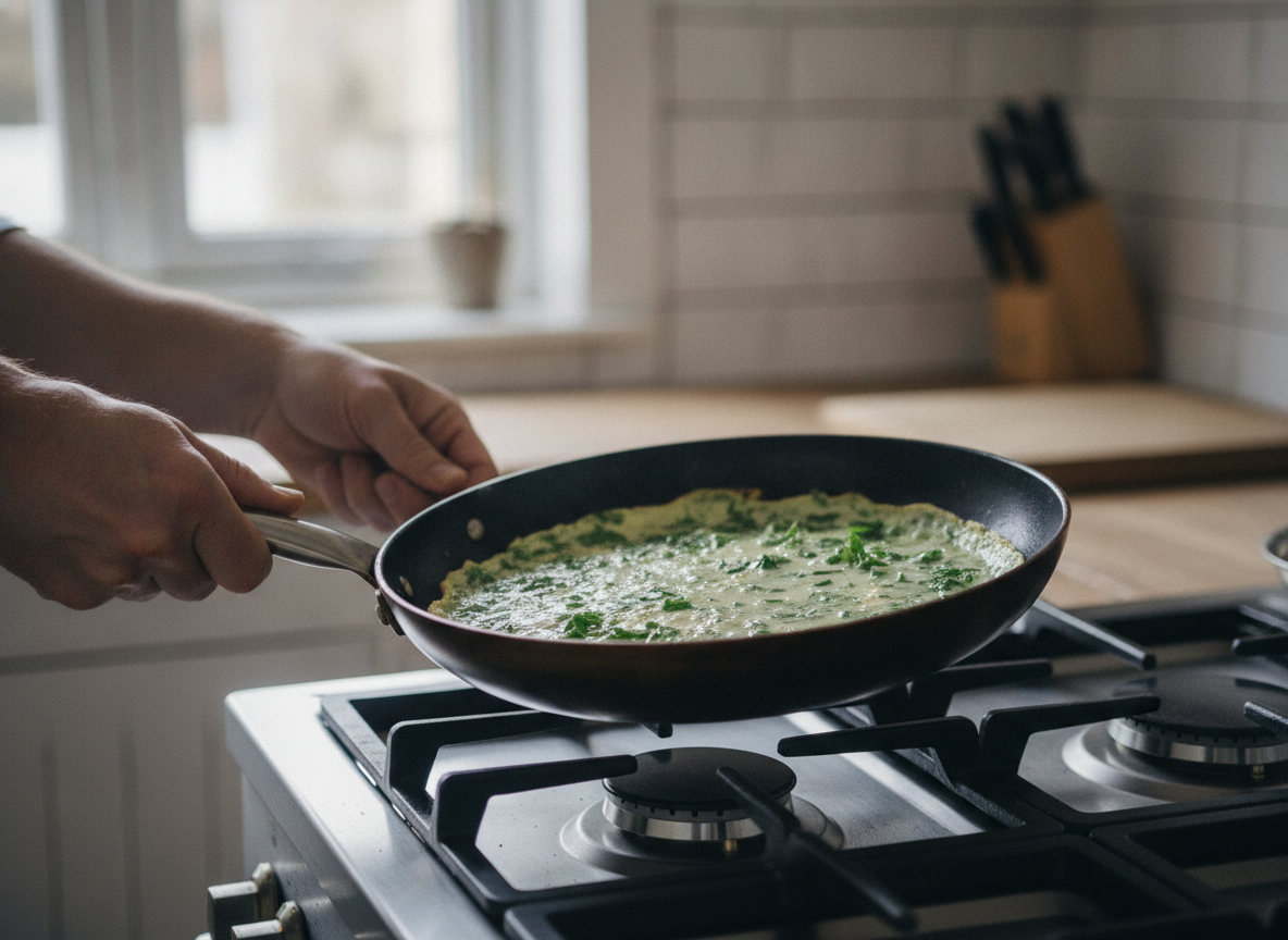 Tortilla verde de hierbas aromáticas: receta fácil 2 Tortilla verde cuajándose despacio en la sartén