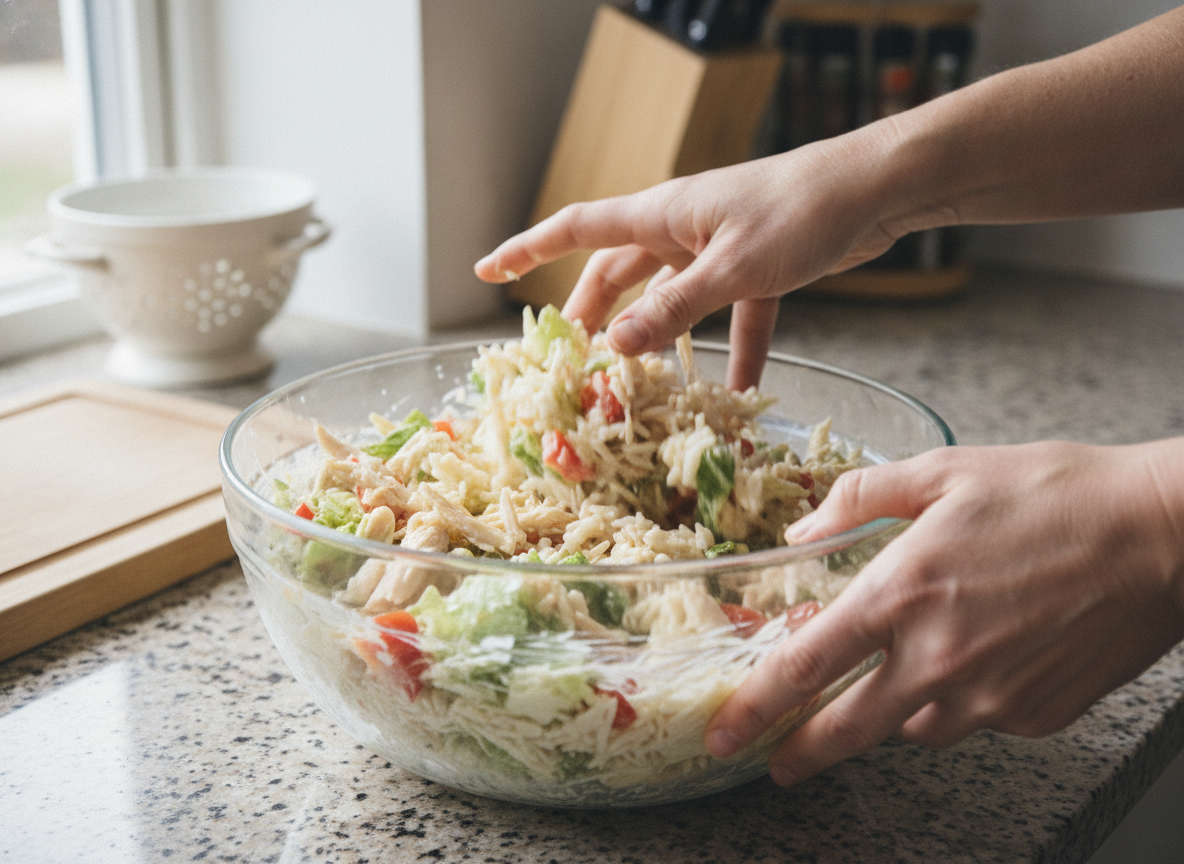 Mezclando el salpicón de arroz con mayonesa y verduras en un bol