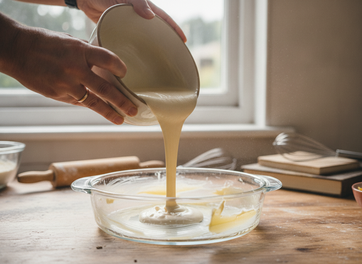 Pudin de pan al microondas: postre de aprovechamiento en 20 minutos 1 Vertiendo la masa de pan y leche condensada en el molde para el microondas