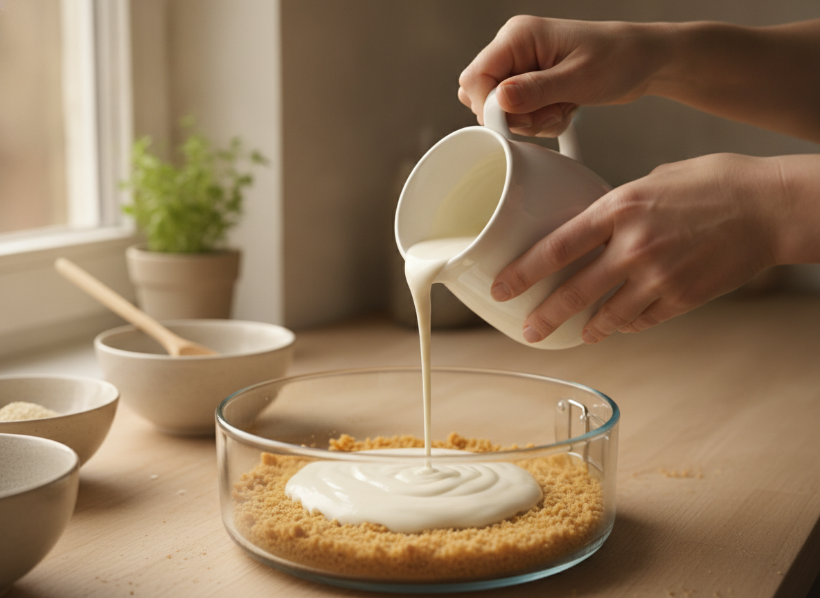 Vertiendo la crema de yogur de soja sobre la base de galleta en el molde
