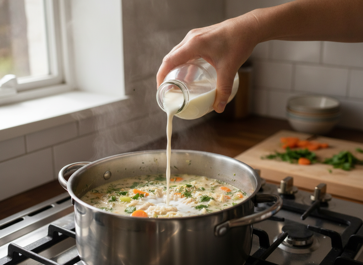 Se añade la leche a la sopa de arroz con pollo