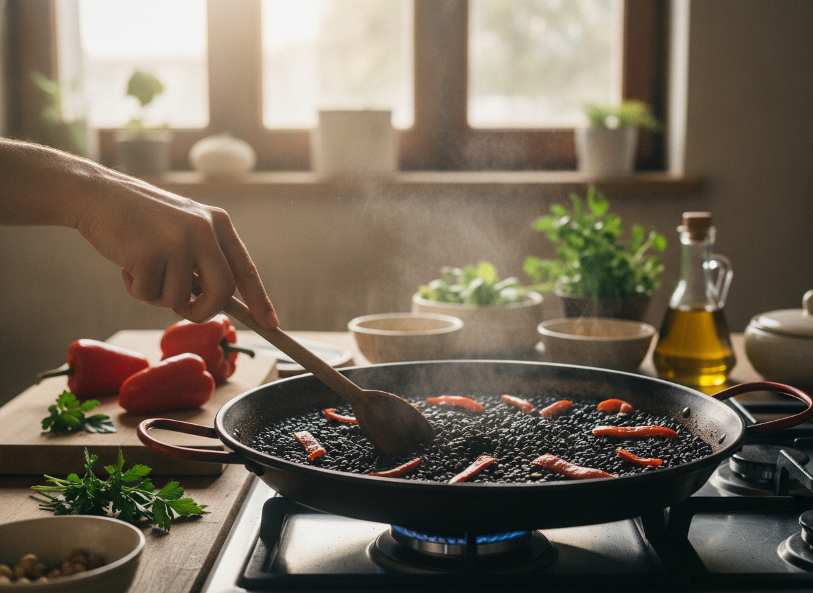 Removiendo el arroz negro con cuchara de madera durante la cocción