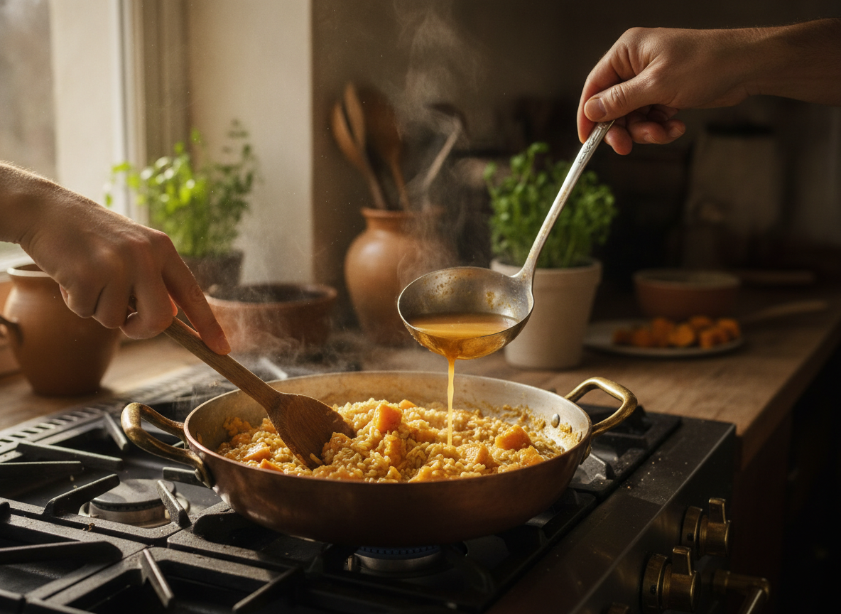 Añadiendo el caldo poco a poco al arroz para el risotto de calabaza