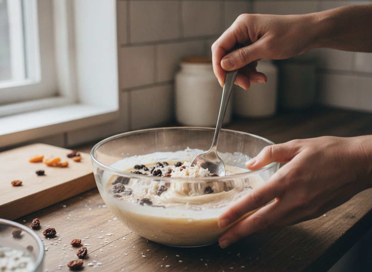 Hidratando el coco rallado y las pasas en leche templada