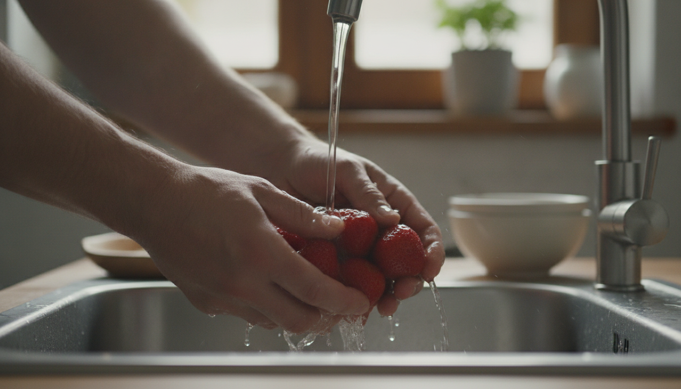 Lavando fresas frescas bajo el agua