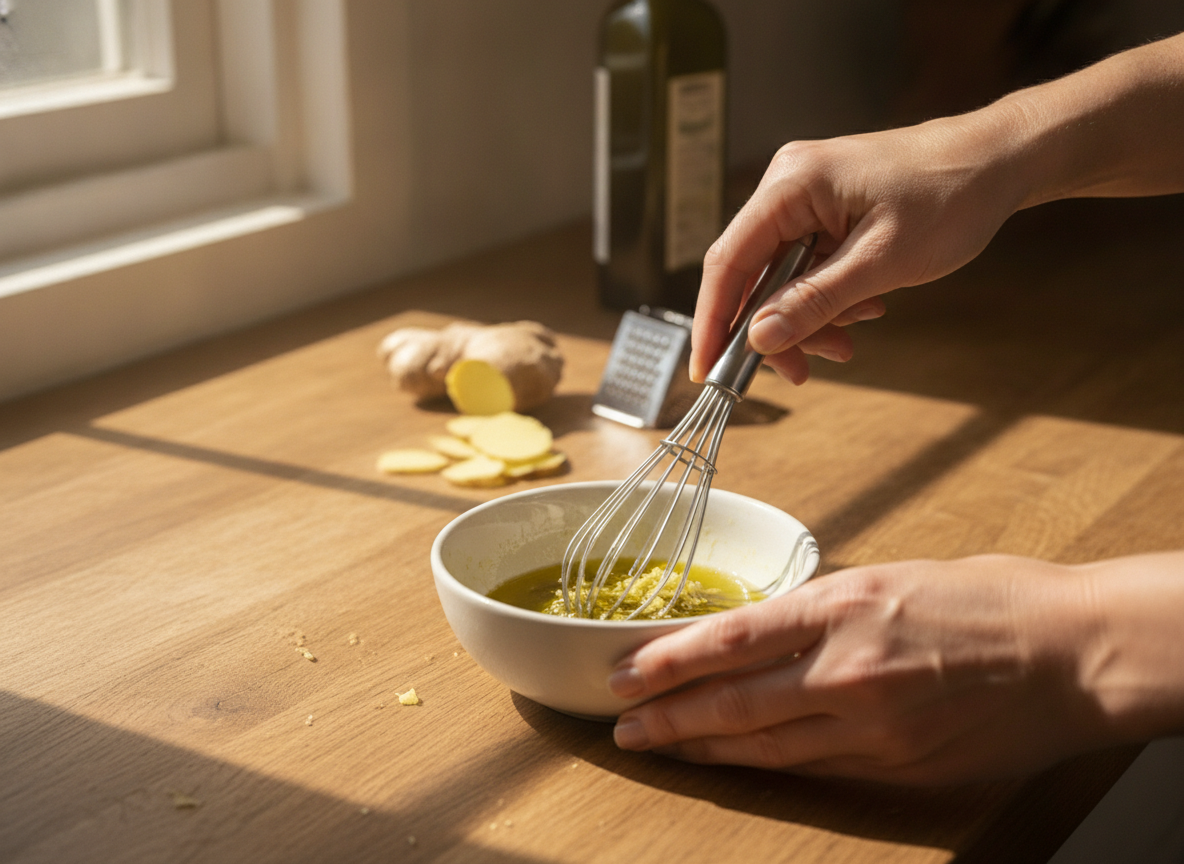 Ensalada de escarola con gambas al jengibre: receta fácil 2 Vinagreta de aceite de oliva y jengibre picado para la ensalada
