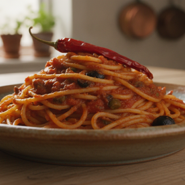 Espaguetis con anchoas y aceitunas trituradas en salsa de tomate