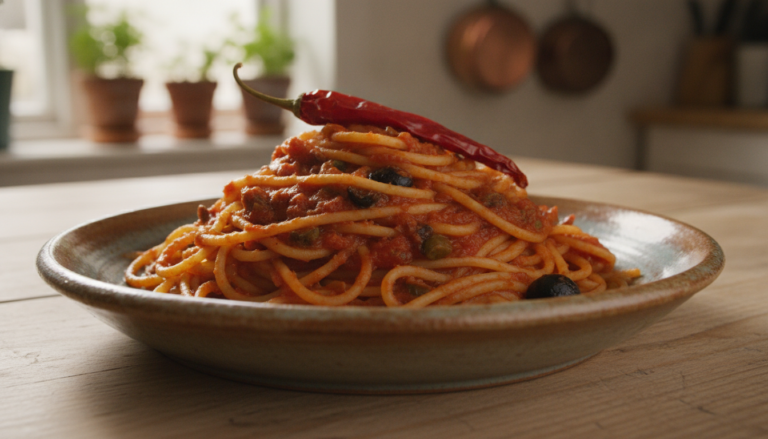 Espaguetis con anchoas y aceitunas trituradas en salsa de tomate