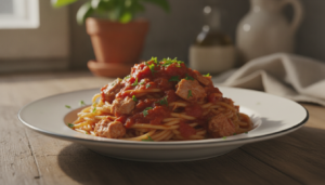 Espaguetis con atun y salsa de tomate recien hechos