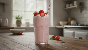 Batido de fresas casero en un vaso alto con fresas frescas