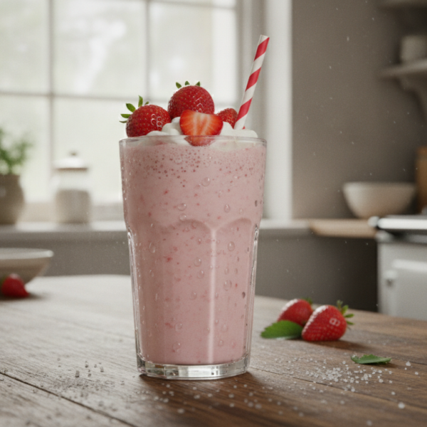 Batido de fresas casero en un vaso alto con fresas frescas