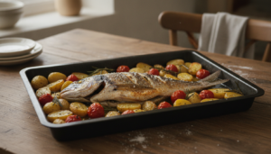 Besugo asado entero con patatas y tomates en la fuente de horno