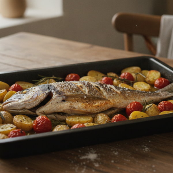 Besugo asado entero con patatas y tomates en la fuente de horno