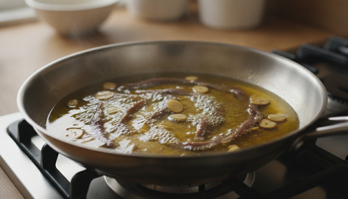 Salsa de anchoas para pasta: receta rápida mediterránea 1 Anchoas disolviendo en aceite caliente con ajo en sartén