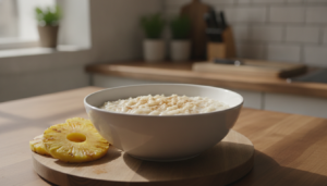 Arroz con leche y piña a la plancha servido en plato hondo