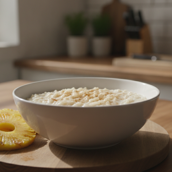 Arroz con leche y piña a la plancha servido en plato hondo