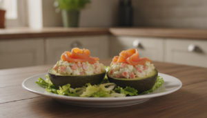 Aguacates rellenos de salmón ahumado sobre escarola