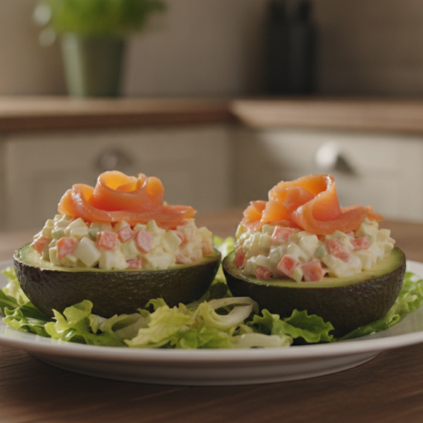 Aguacates rellenos de salmón ahumado sobre escarola