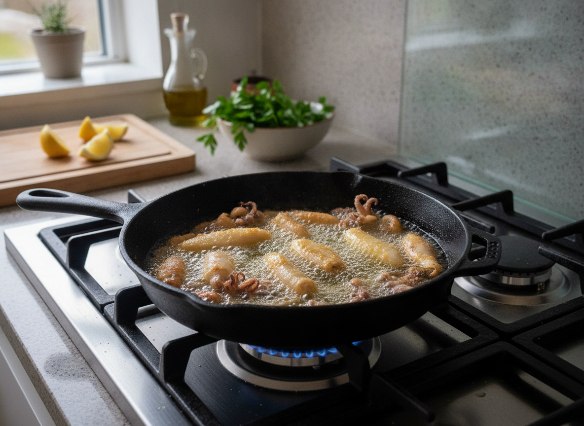 Chipirones fritos crujientes: receta fácil de sartén 2 Chipirones friéndose en aceite de oliva muy caliente