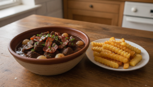 Ternera al vino tinto con champiñones y patatas fritas