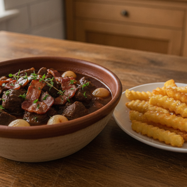 Ternera al vino tinto con champiñones y patatas fritas